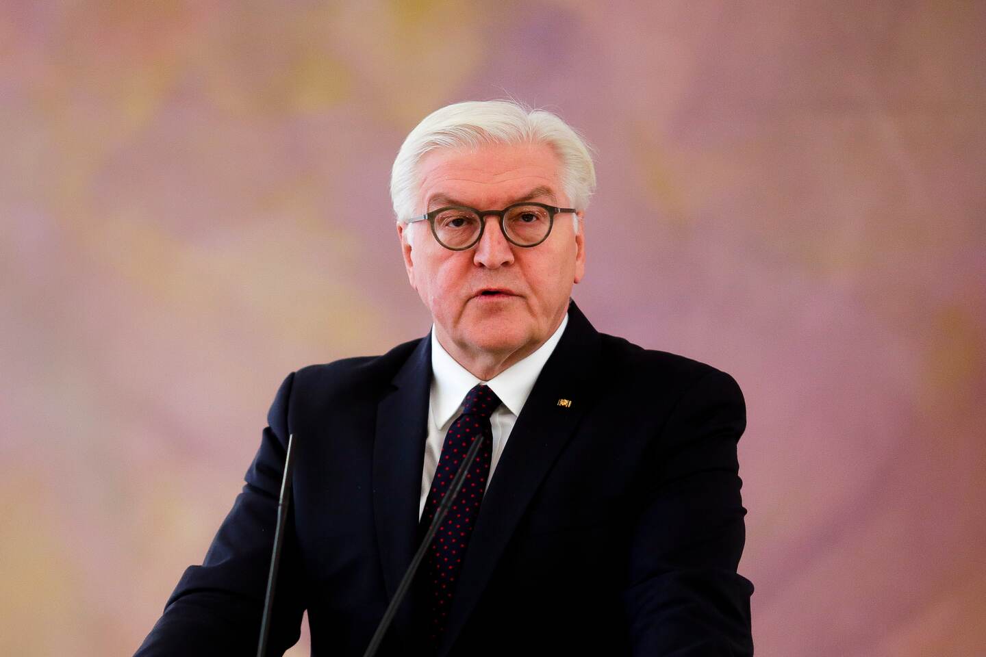 German President Frank-Walter Steinmeier briefs the media after a meeting with German Chancellor Angela Merkel at Bellevue Palace in Berlin, Monday, Nov. 20, 2017. German Chancellor Angela Merkel pledged early Monday to maintain stability after the Free Democratic Party pulled out of talks on forming a new government with her conservative bloc and the left-leaning Greens. (AP Photo/Markus Schreiber)