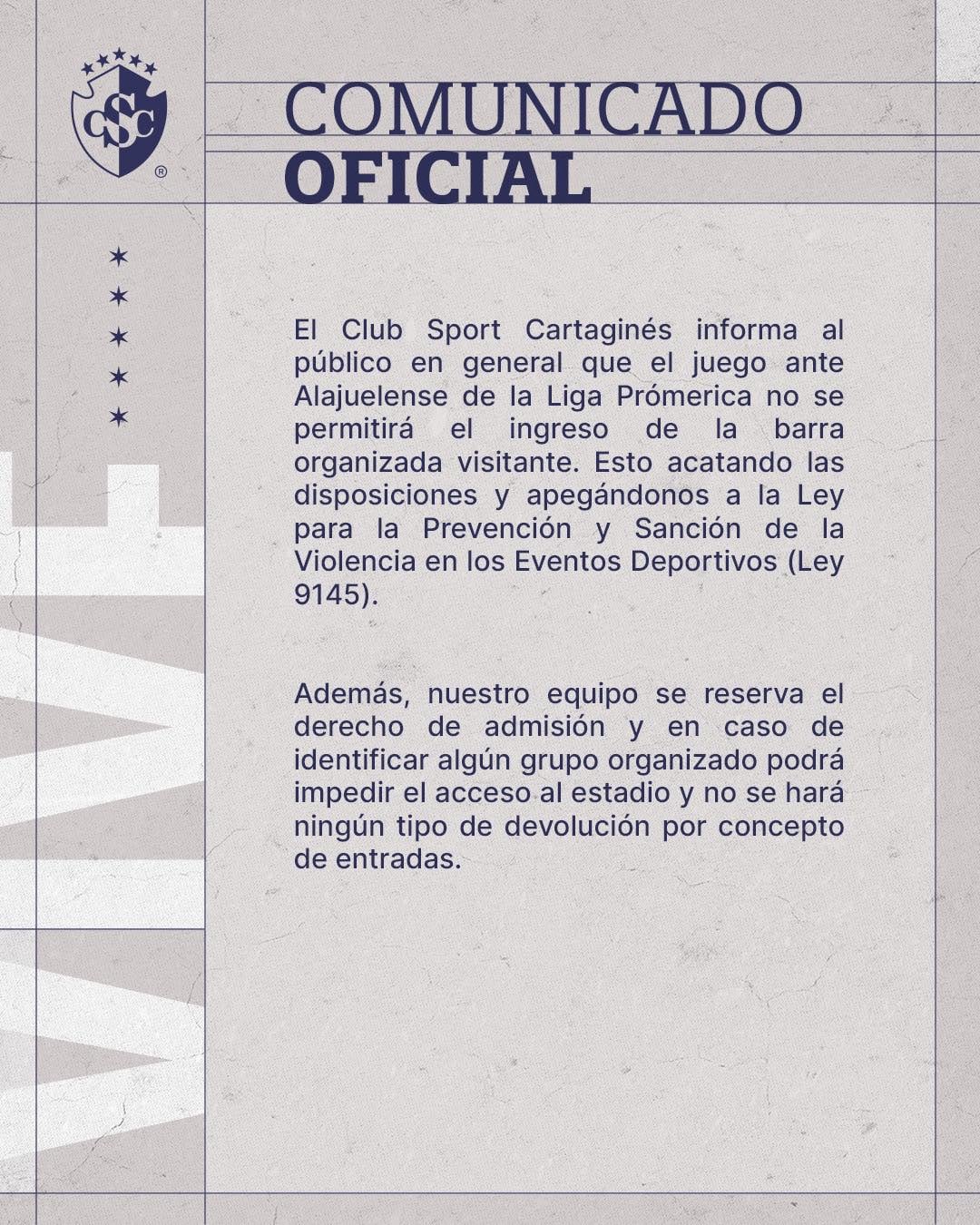 Este es el comunicado que Cartaginés colgó en sus redes sociales en la víspera del juego ante Liga Deportiva Alajuelense.