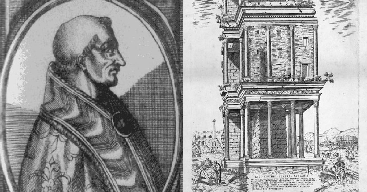 En la imagen, a la derecha el Papa electo en 1241, Celestino IV y a la derecha el edificio Septizodium donde fueron encerrados los cardenales.
