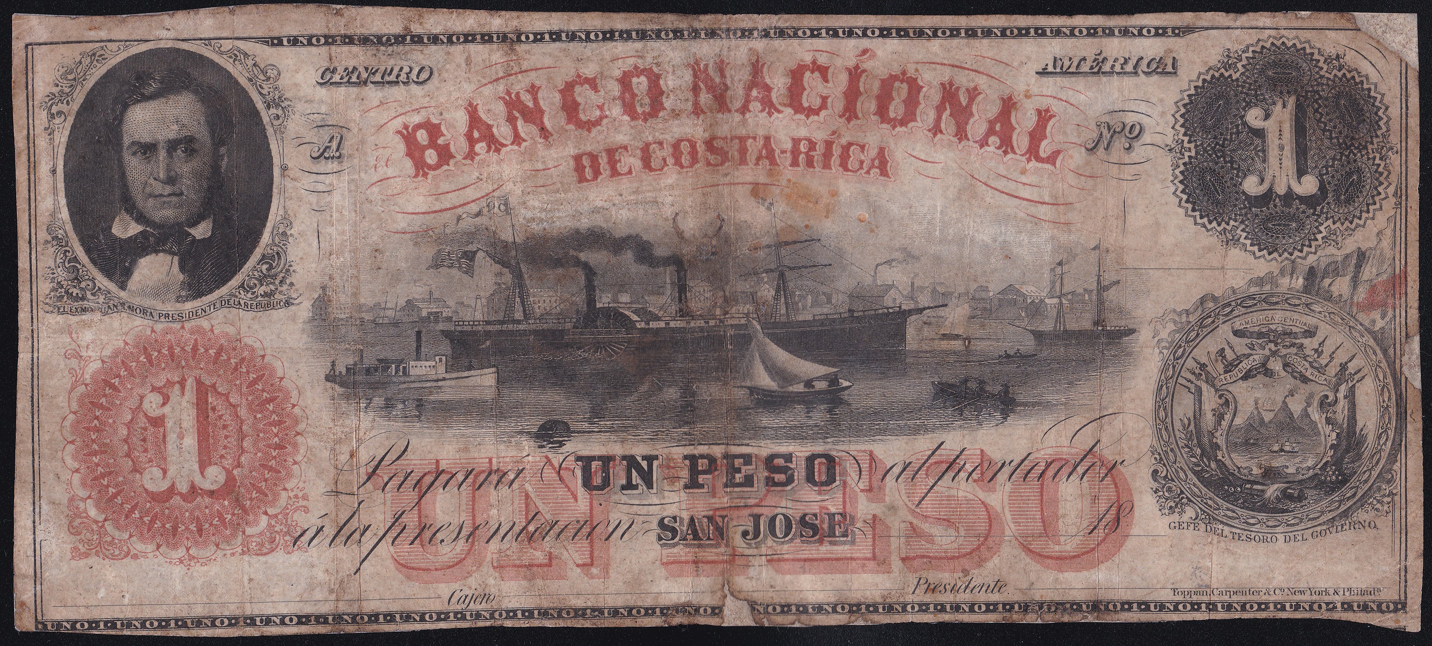 Billete de 1 peso, del Banco Nacional de Costa Rica, 1858, de la colección del Museo de Numismática.