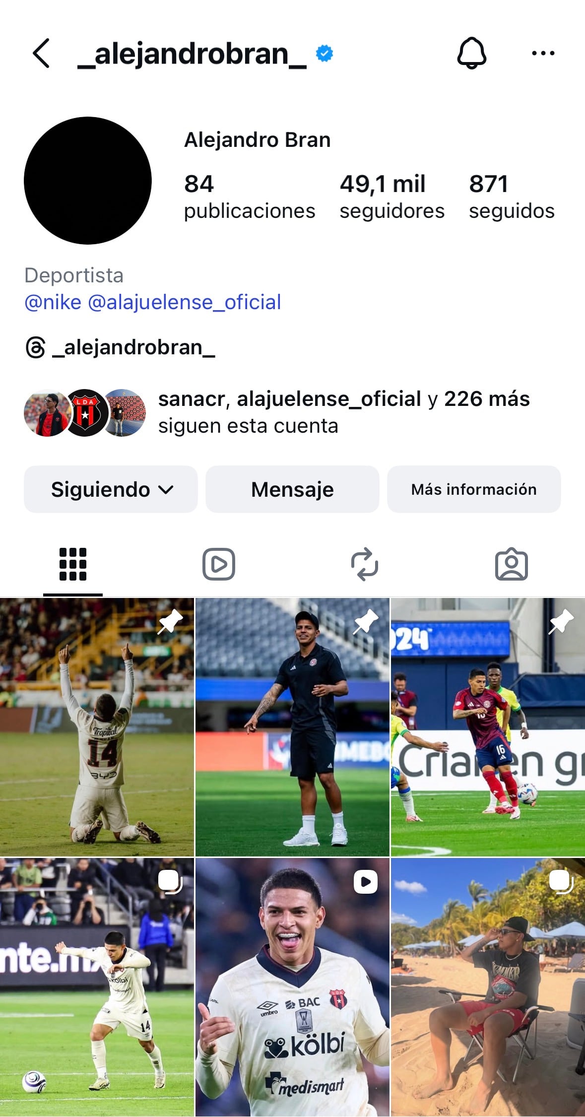 Así se ve ahora la cuenta de Instagram de Alejandro Bran.
