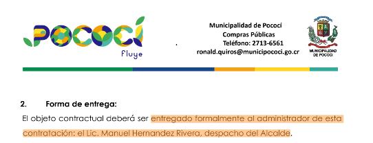 La imagen corresponde a un oficio firmado por Ronald Quirós Brenes, coordinador de compras públicas de la Municipalidad de Pococí, el 18 de noviembre del año pasado, en el que señala que se debe entregar las uvas y manzanas directamente al alcalde de Pococí.