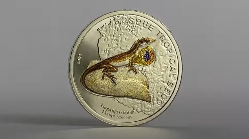 A partir del martes 26 de agosto saldrá a la venta al público la cuarta moneda coleccionable de ¢50 que resalta la fauna de los ecosistemas con Lagartija como principal imagen.