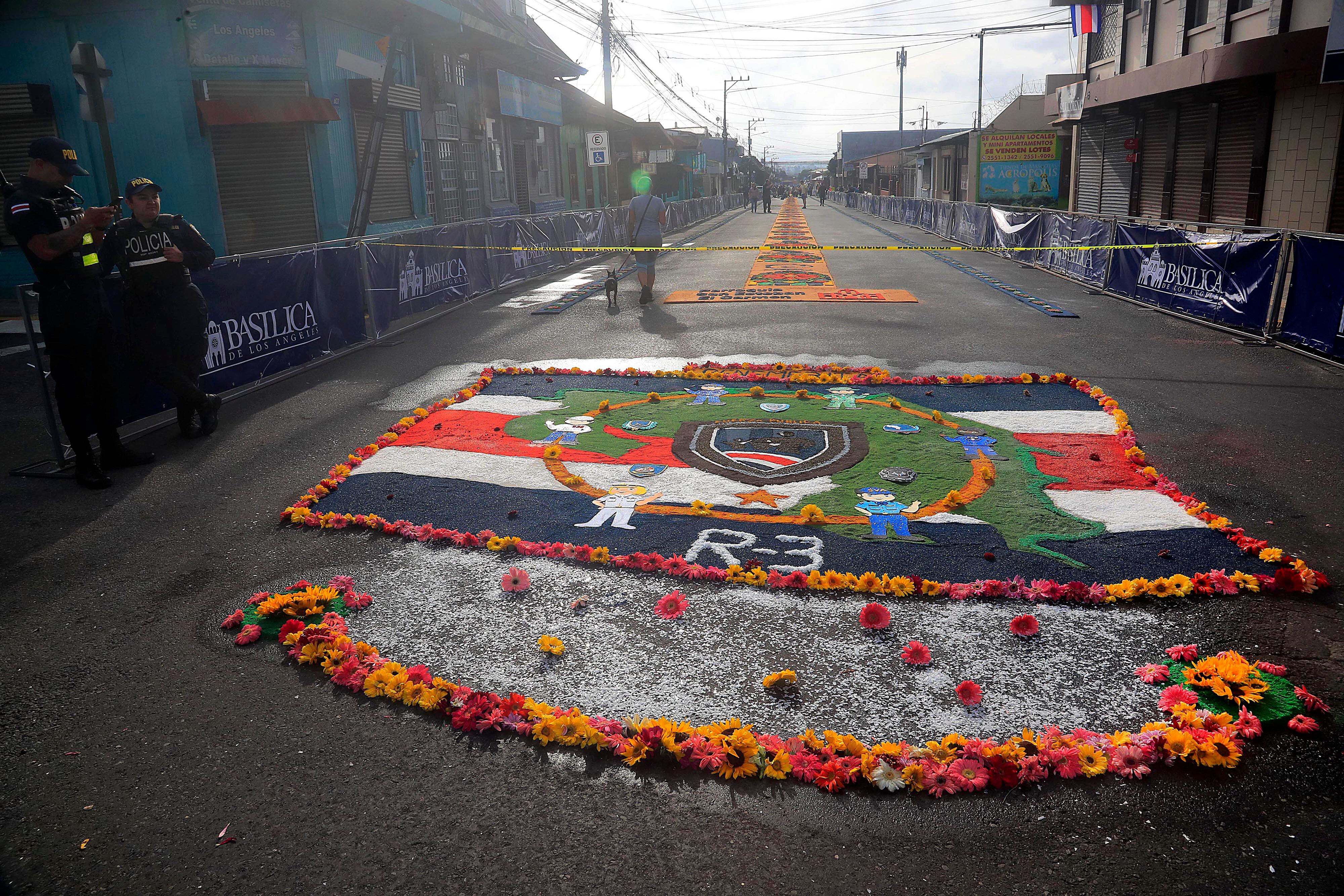 03/09/2023 Cartago. Desde la media noche, decenas de personas de diferentes comunidades de la provincia empezaron a elaborar las coloridas y espectaculares alfombras para formar una sola de poco más de kilómetro y medio, por donde transitó la imagen de la Virgen de los Angeles en su retorno a la Basílica. Aserrín y broza del café coloreados, cal y flores, especialmente rosas, entre otros, dieron forma al manto multicolor para dirigir los pasos de quienes acompañaron a La Negrita en la tradicional Pasada de regreso al Santuario Nacional tras permanecer un mes exacto en la Catedral de Nuestra Señora del Carmen.