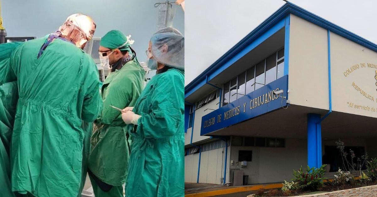 Composición fotográfica. A la izquierda, un grupo de especialistas en cirugía. A la derecha, el edificio del Colegio de Médicos y Cirujanos de Costa Rica.