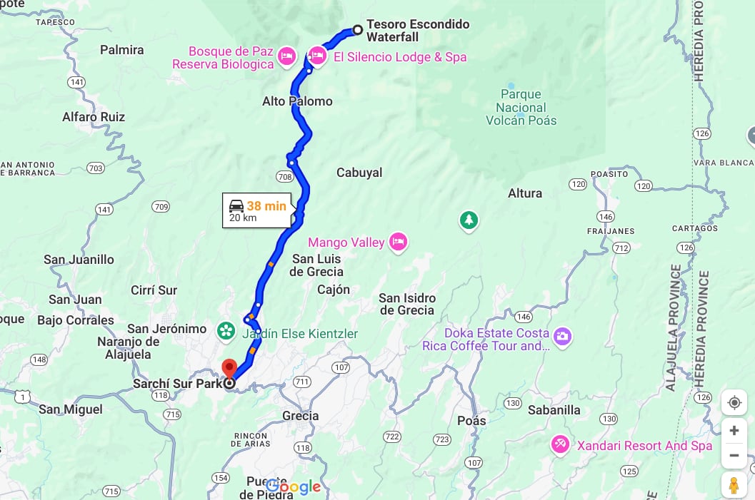 El sitio del desprendimiento queda a 20 kilómetros del parque de Sarchí. Imagen Googole maps.