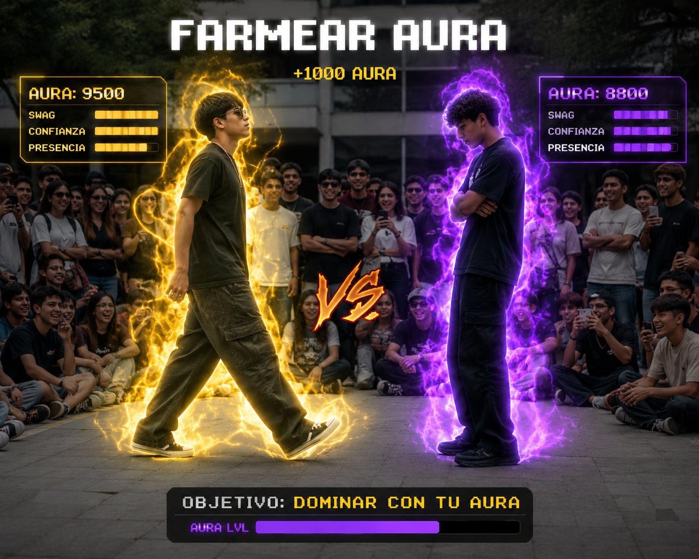 Imagen ilustrativa de “farmear aura”, tendencia viral en la que jóvenes se enfrentan mediante gestos, poses y movimientos para demostrar quién proyecta mayor carisma, presencia o “aura”. Imagen generada con IA.