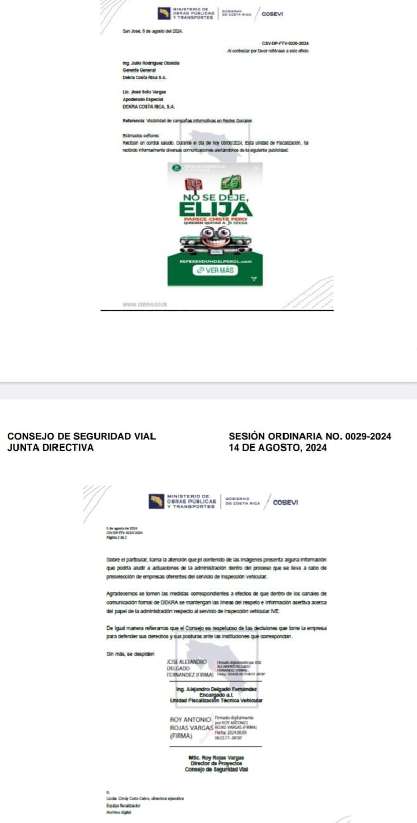 Cosevi pidió a Dekra se respetuoso tras campaña en la que pedían a costarricenses votar para seguir en el país. Foto: Captura de acta de Junta Directiva 0029-2024.