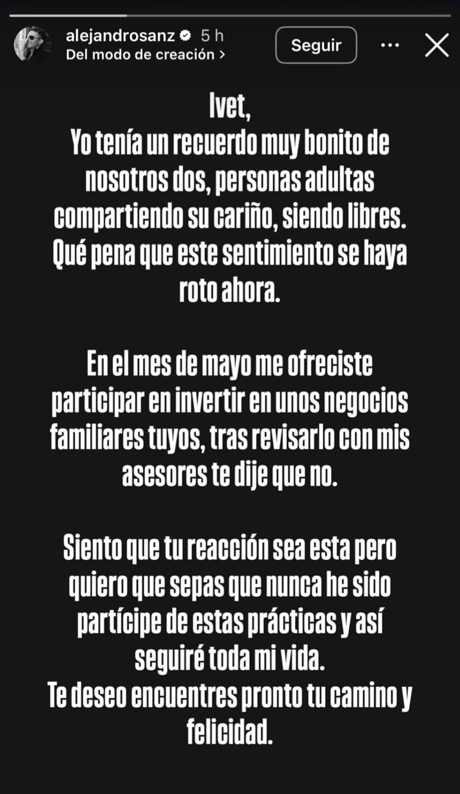 Alejandro Sanz compartió su pensar a través de su cuenta oficial de Instagram.