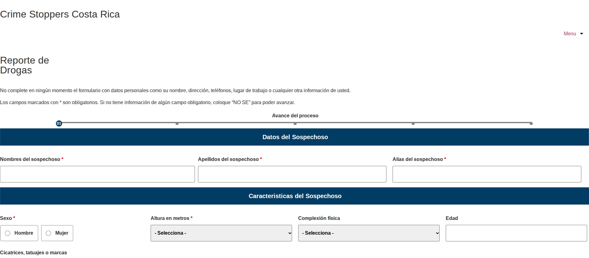Al seleccionar el delito que desea denunciar, debe rellenar los campos que aparecen con datos del sospechoso.