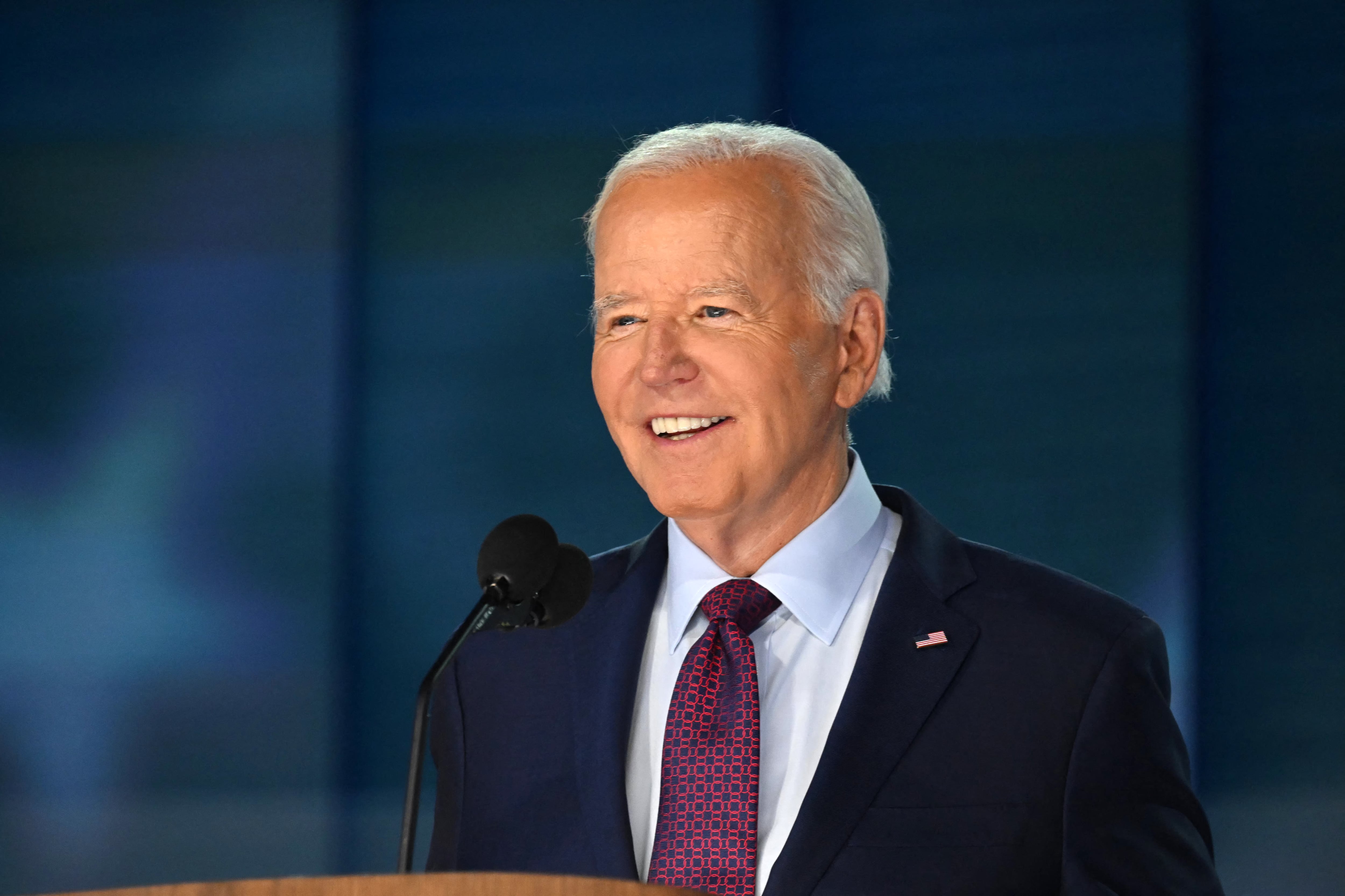 US President Joe Biden does a stage check before the start of the first day of the Democratic National Convention (DNC) at the United Center in Chicago, Illinois, on August 19, 2024. Vice President Kamala Harris will formally accept the party�s nomination for president at the DNC which runs from August 19-22 in Chicago. (Photo by ANDREW CABALLERO-REYNOLDS / AFP)