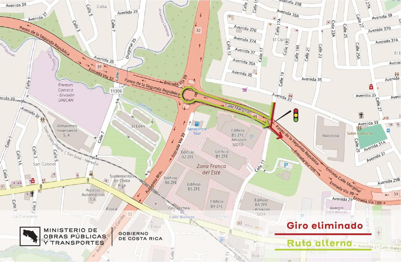 Además, estará eliminado el movimiento izquierdo desde el norte, en Calle 17, para dirigirse hacia el este utilizando la marginal de Circunvalación Norte.
