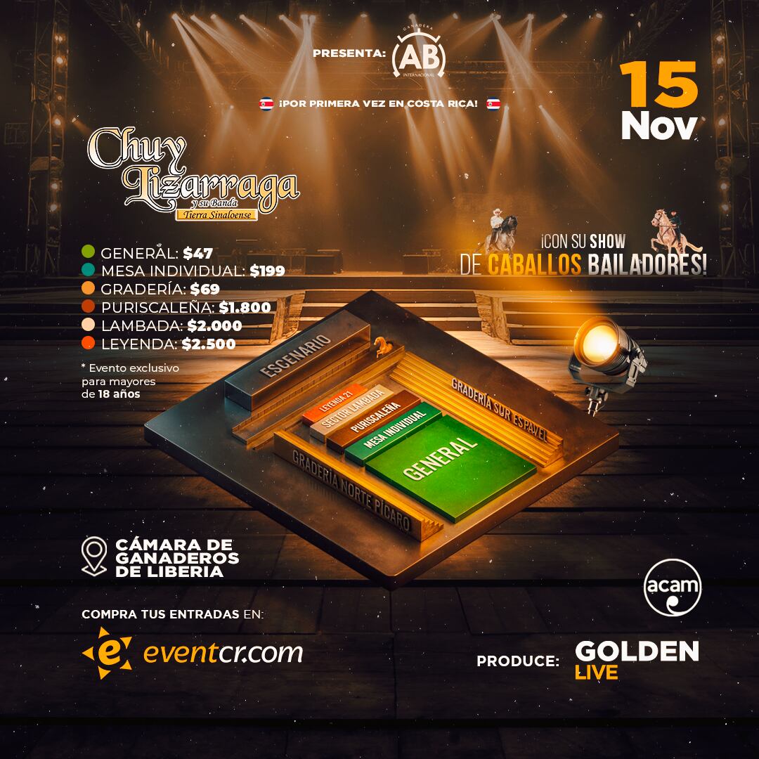 Localidades del concierto de Chuy Lizárraga y su banda Tierra Sinaloense en Costa Rica.