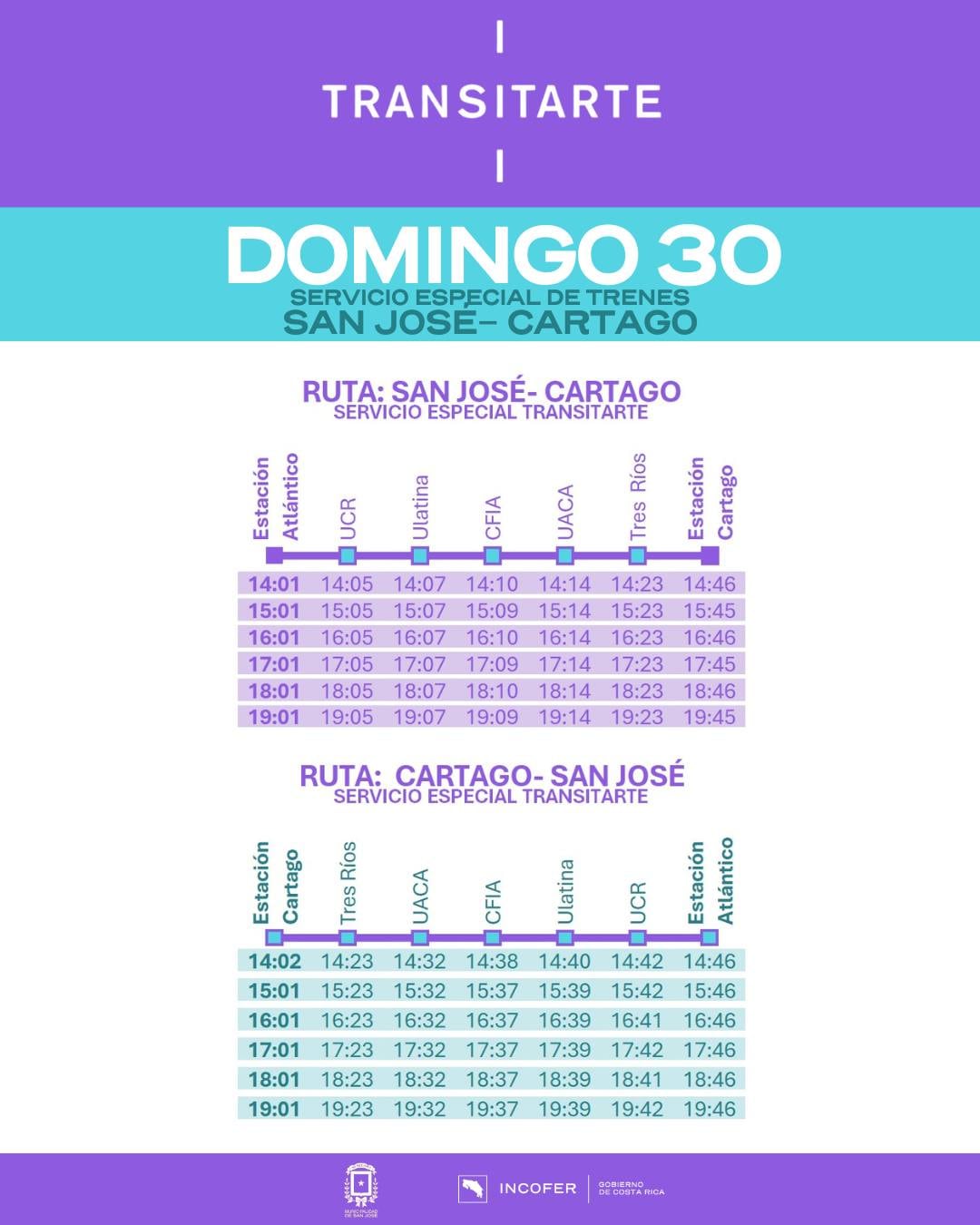 Horario de la ruta San José-Cartago del domingo 29 de marzo.