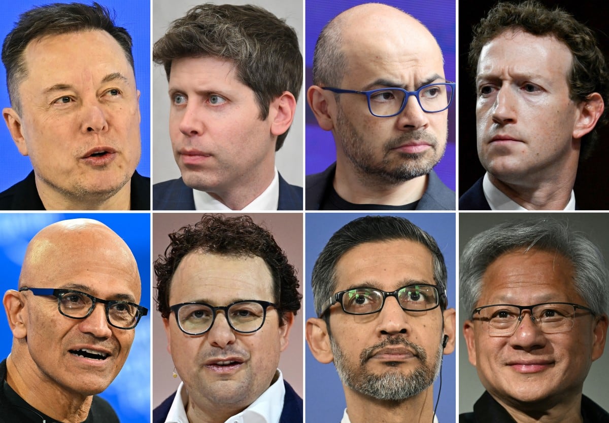 Elon Musk; Sam Altman (OpenAI); Demis Hassabis (DeepMind); Mark Zuckerberg (Meta); Satya Nadella (Microsoft); Dario Amodei (Anthropic); Sundar Pichai (Google); Jensen Huang (Nvidia).