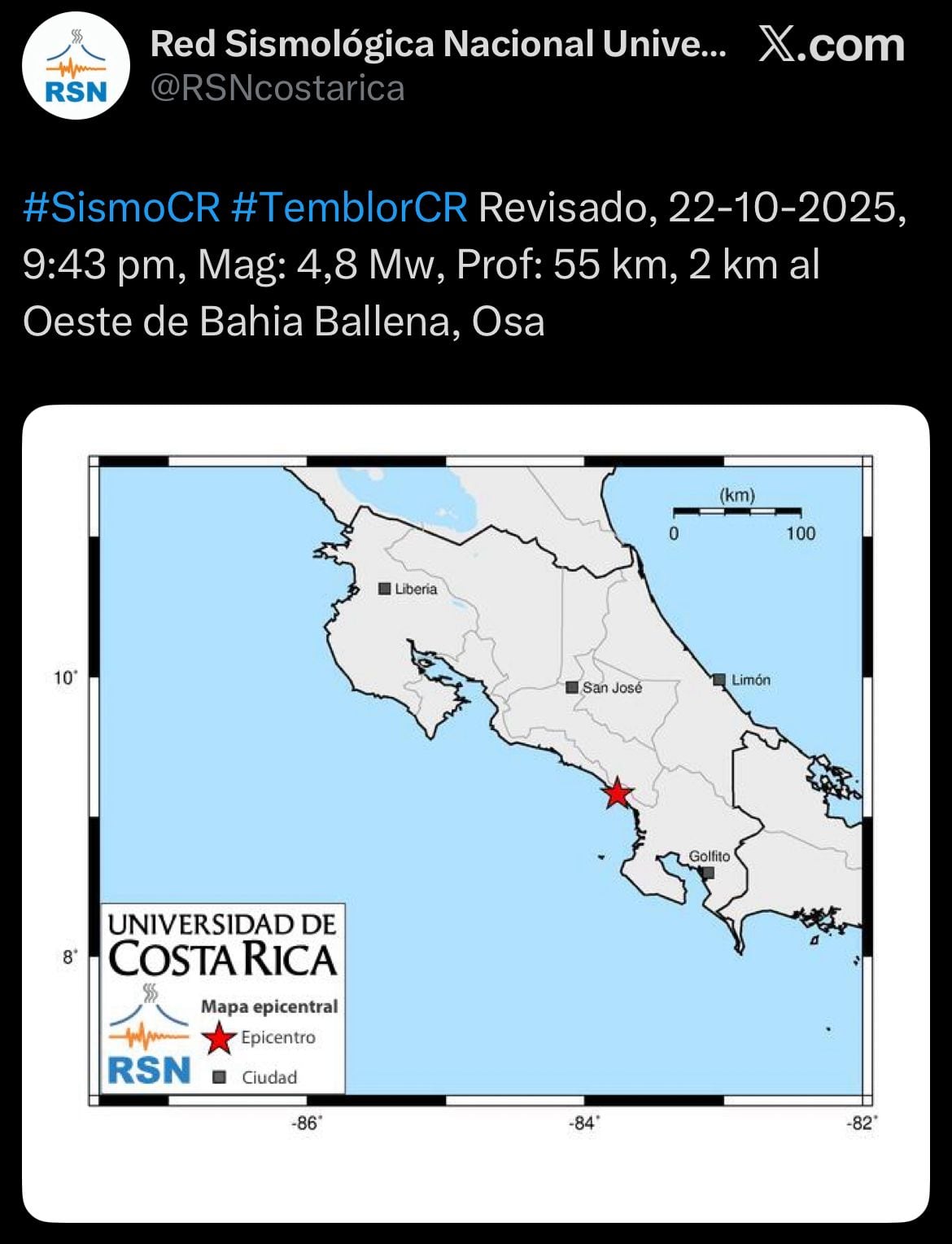 El sismo de 4,8 grados registrado en Osa, según la Red Sismológica Nacional de la UCR.