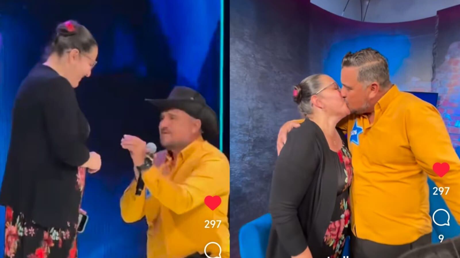 Un hombre le propone matrimonio a una mujer y se besan.