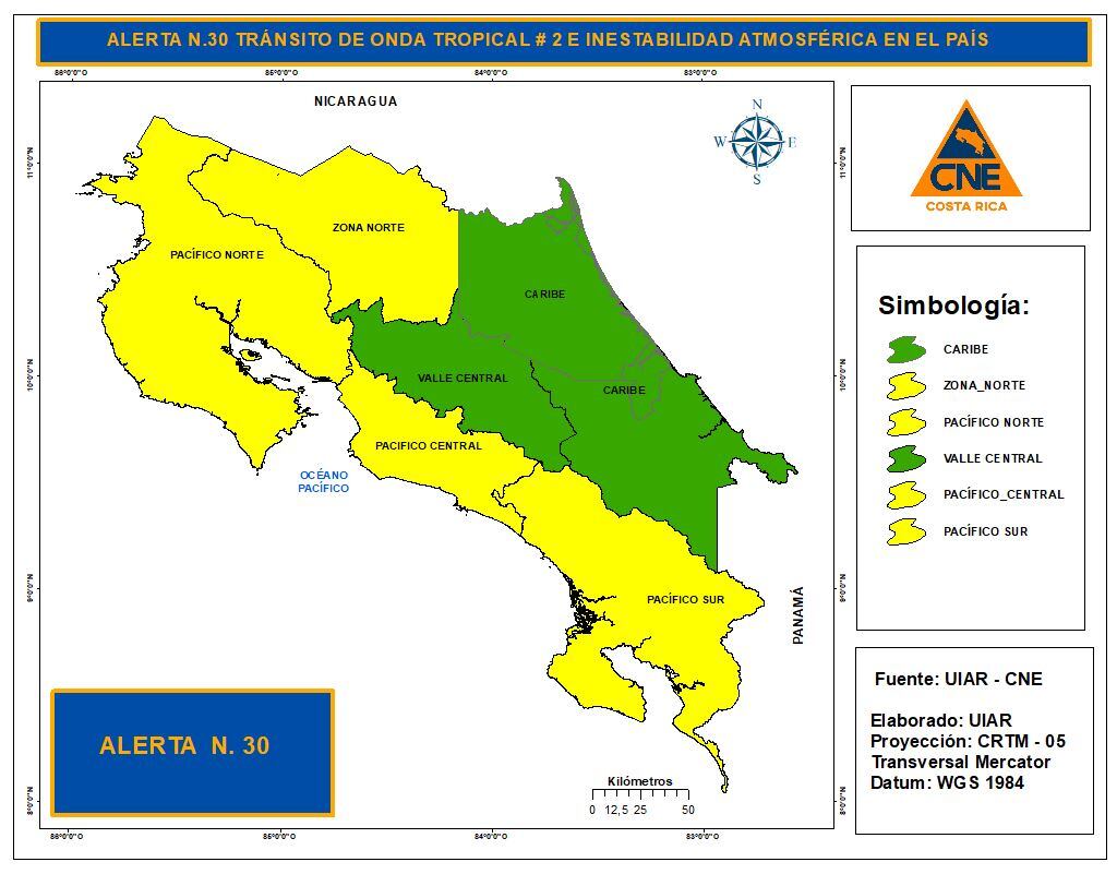 El Valle Central y el Caribe quedaron con alerta verde y en el resto del país se estableció la alerta amarilla, pues es donde más se esperan lluvias. Imagen: CNE.