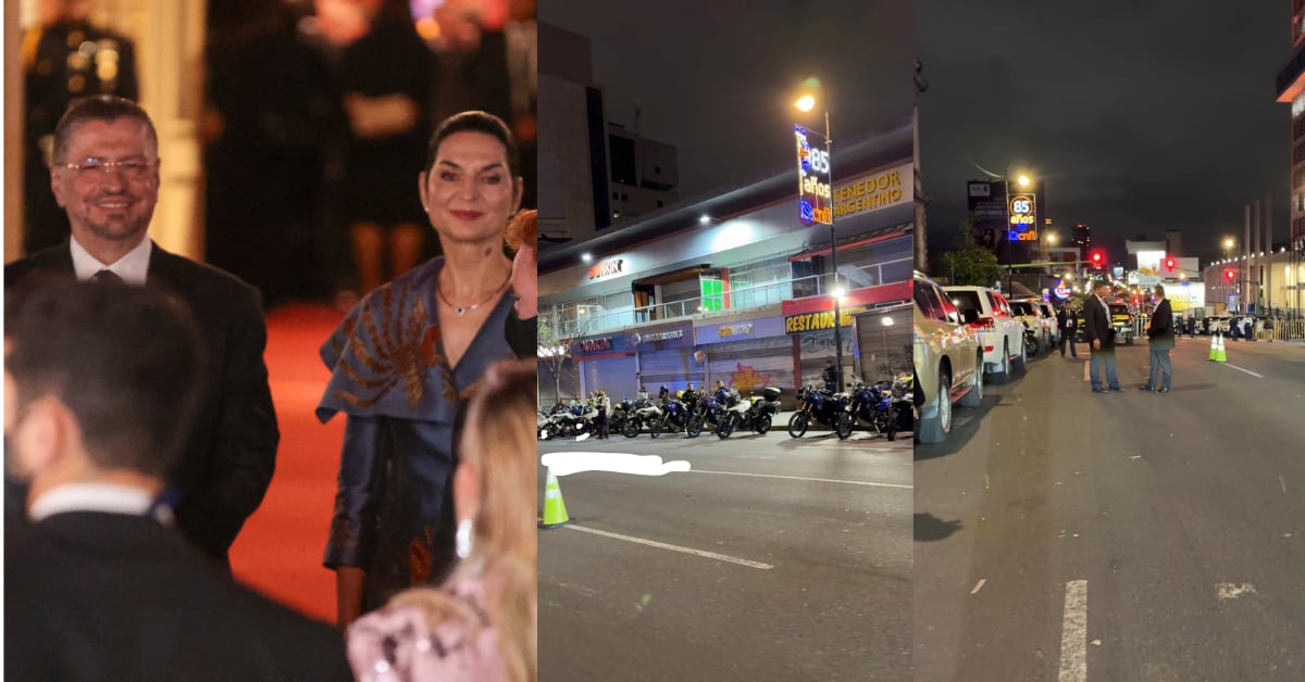 Cuadras y comercios cerrados desde las 4 p. m. y gran presencia policial fueron parte del fuerte dispositivo policial que acompañó al presidente Rodrigo Chaves a recibir, en una cena especial en el Teatro Nacional, a las delegaciones internacionales que participarán en el traspaso de poderes.