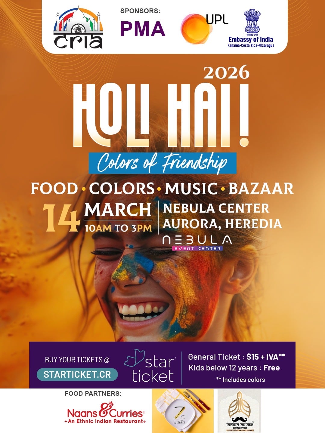 Festival Holi: Esta celebración de la cultura india, conocida como el festival de los colores, ofrece entrada gratuita para menores de 12 años.