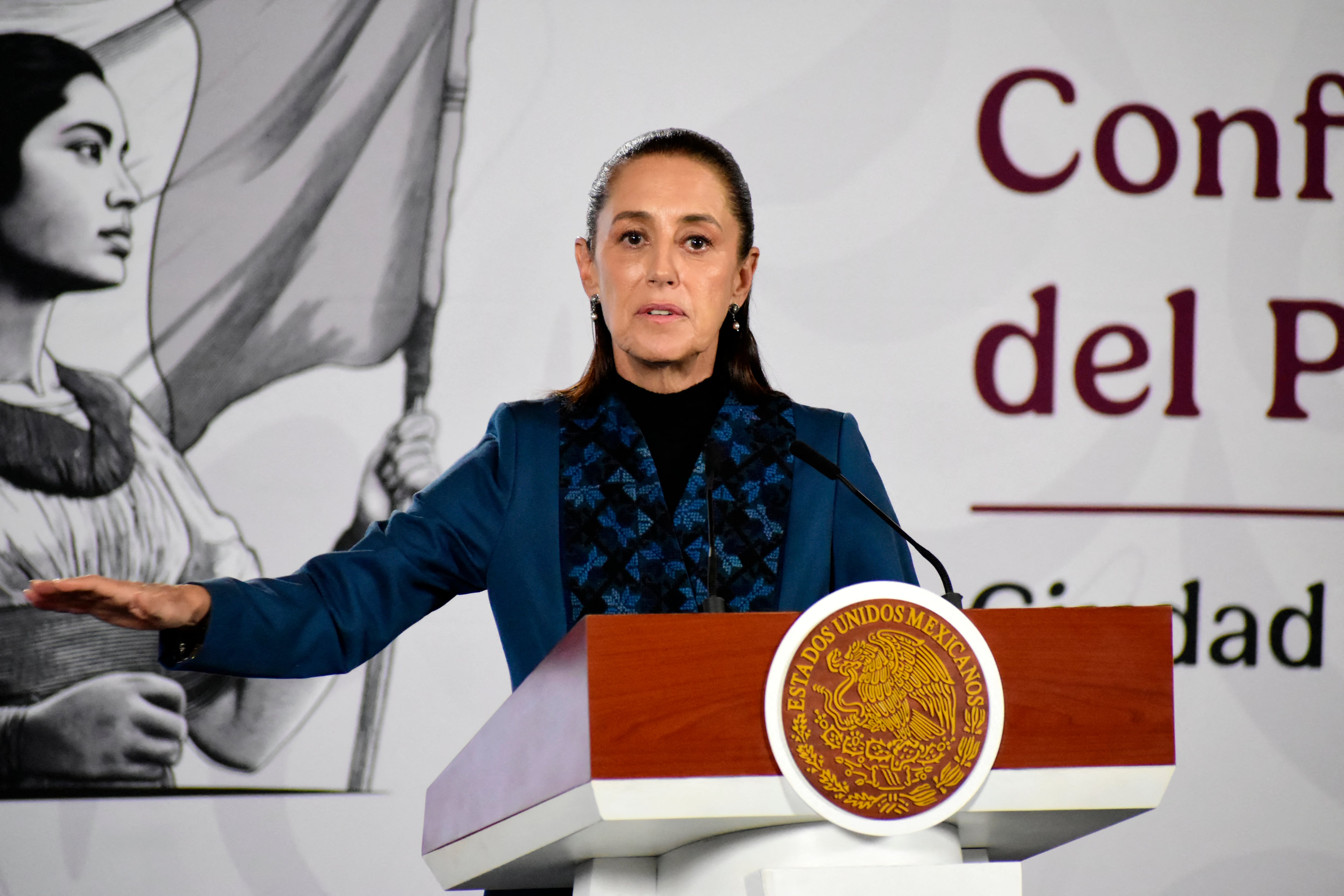 Mexico's President Claudia Sheinbaum Pardo speaks during her morning news conference at the National Palace in Mexico City, Mexico, on August 10, 2026. (Photo by Luis Barron/Eyepix Group/NurPhoto) (Photo by Eyepix / NurPhoto via AFP)