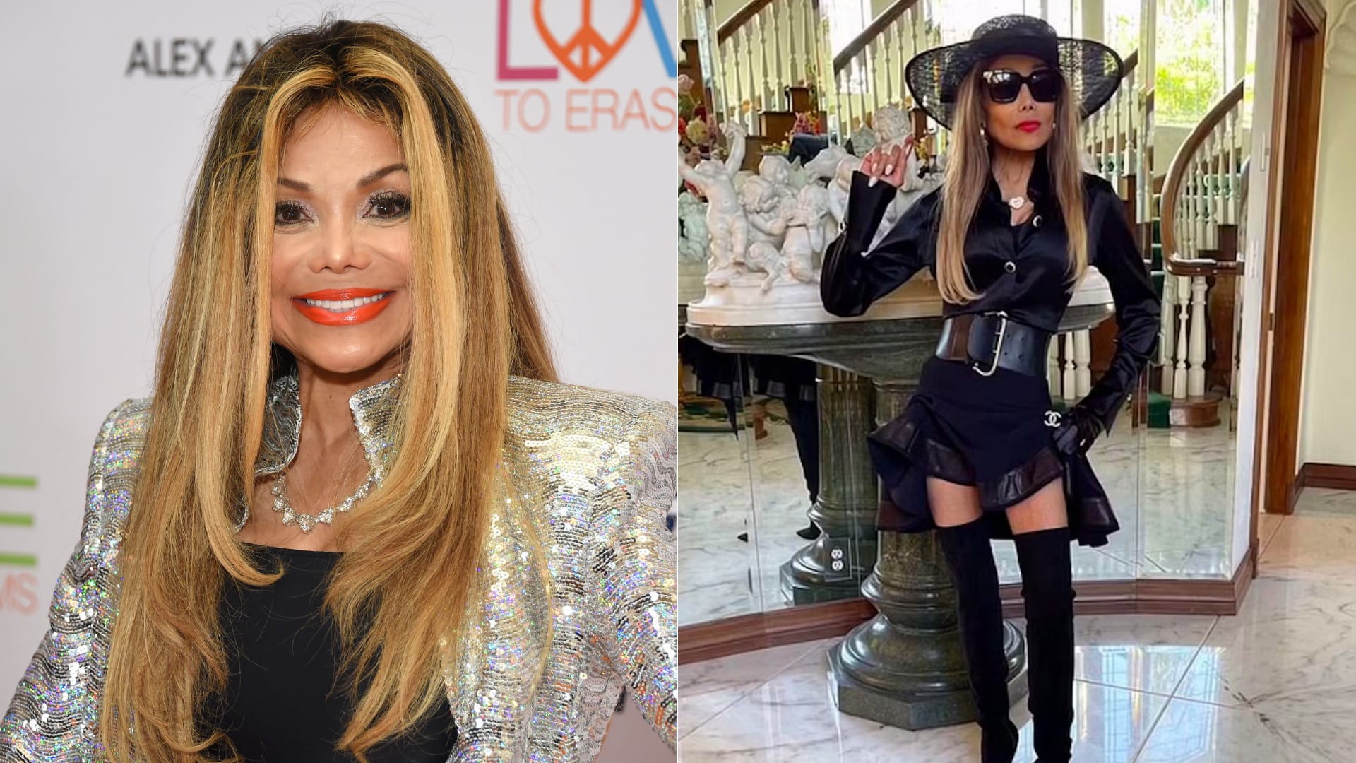 A la izquierda, La Toya Jackson durante la 26.ª gala anual Race to Erase MS en el hotel Beverly Hilton, en Beverly Hills, el 10 de mayo de 2019. A la derecha, la cantante en una foto reciente publicada en su Instagram, imagen que generó preocupación entre seguidores por su apariencia física.