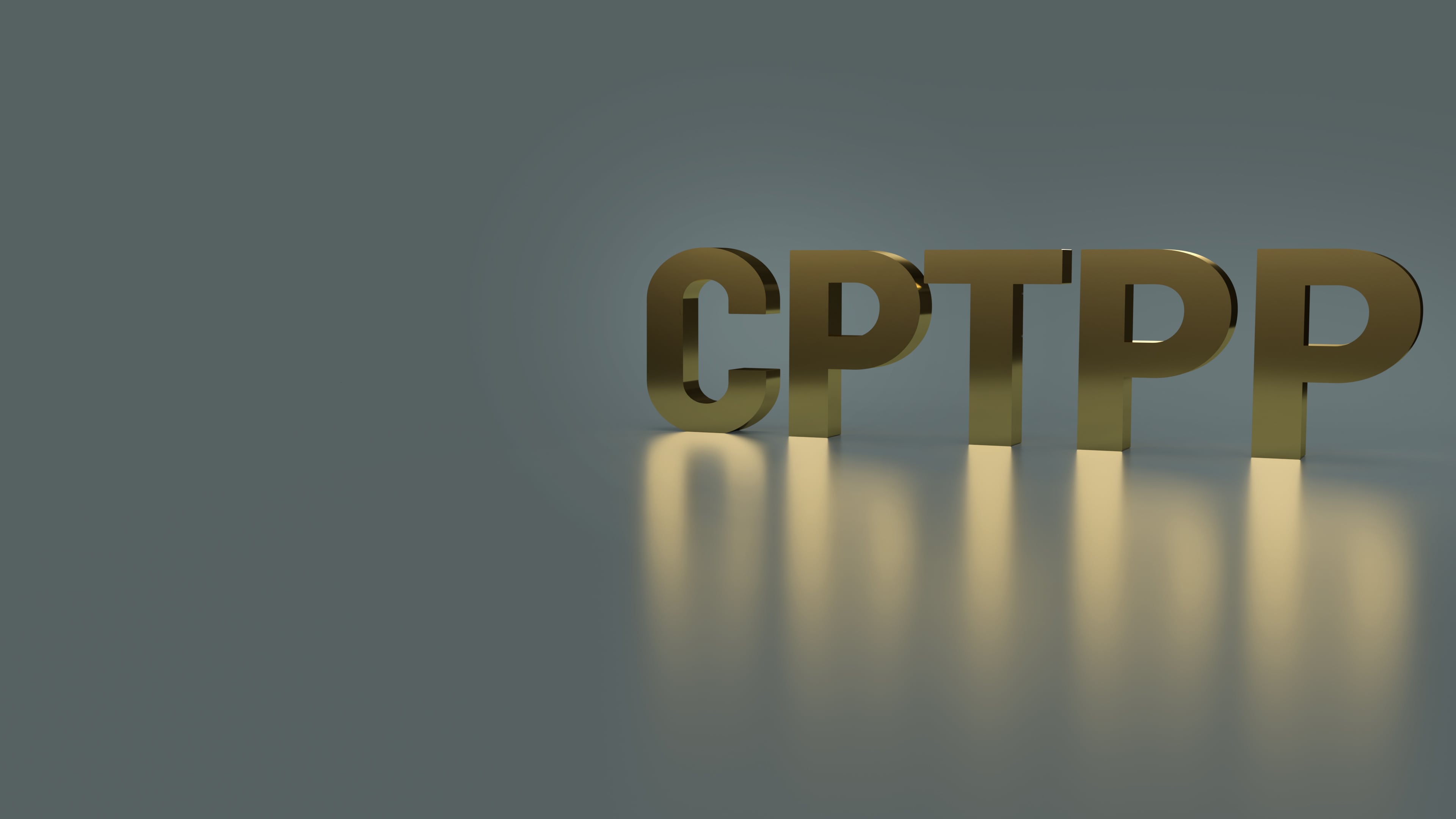 Letras doradas con las siglas CPTPP sobre fondo neutro, representación del acuerdo comercial transpacífico al que Costa Rica busca integrarse tras concluir negociaciones.