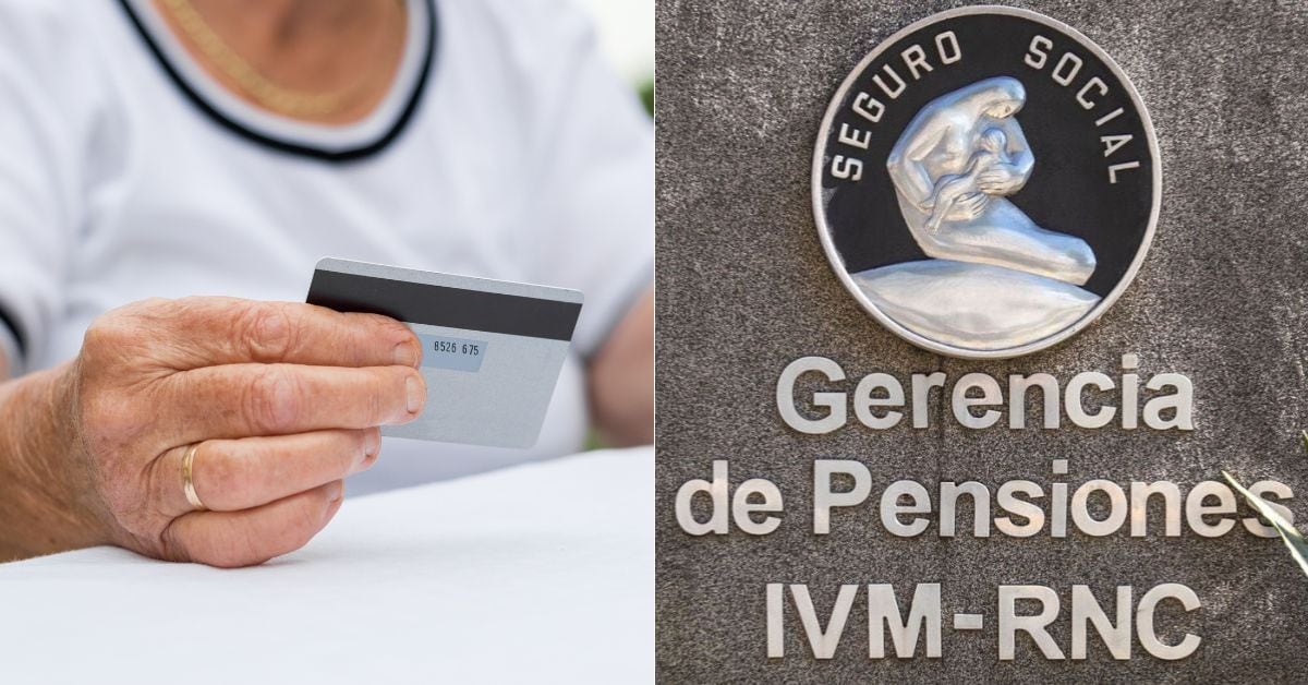 En la imagen la mano de una adulta mayor sosteniendo una tarjeta, así como la fachada de la gerencia de pensiones del IVM y RNC.