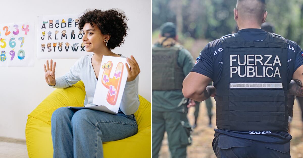 Fotocomposición de una maestra enseñando y un oficial de polícia de espaladas.