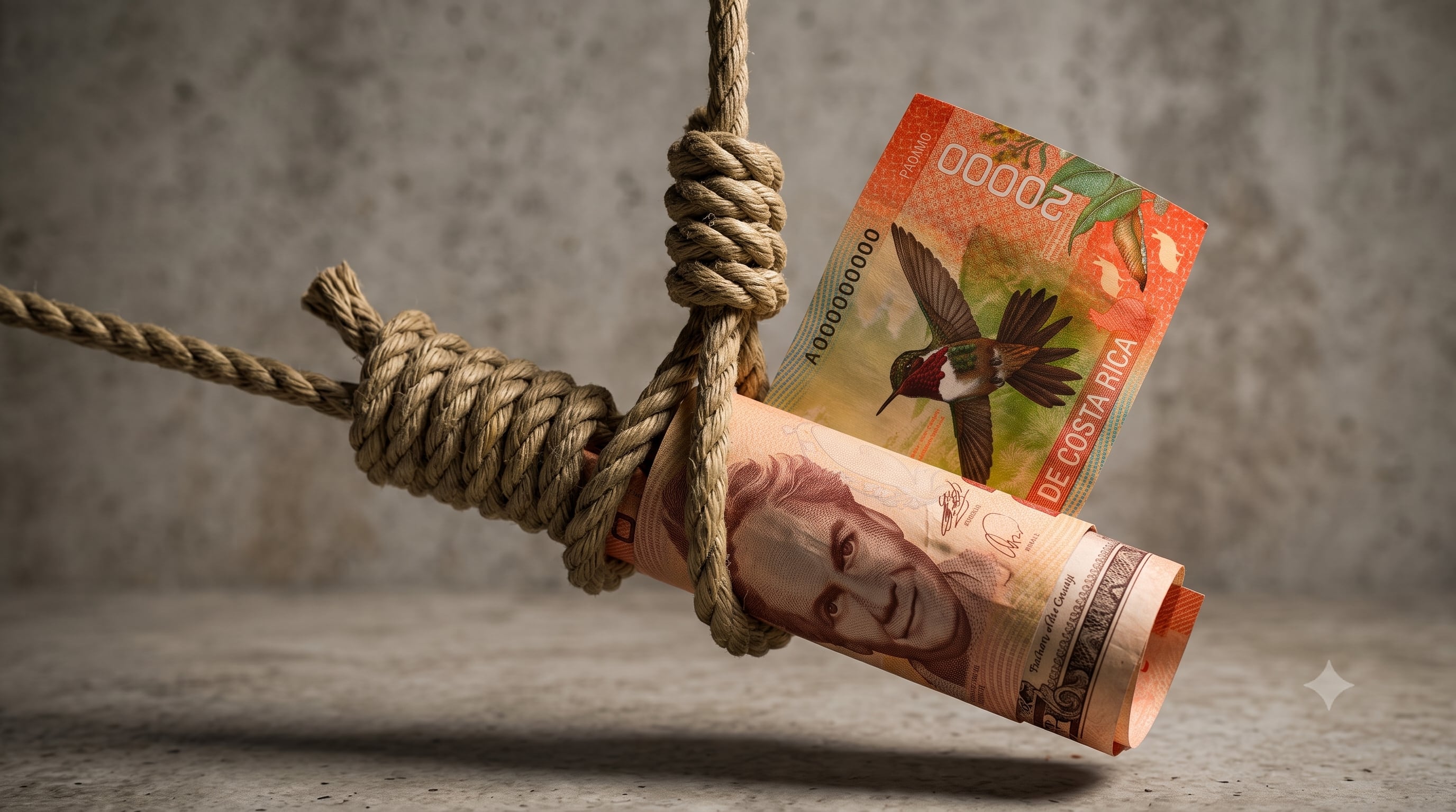 Economía costarricense, economía nacional en aprietos. Billetes de 20.000 colones ahorcándose con una cuerda.