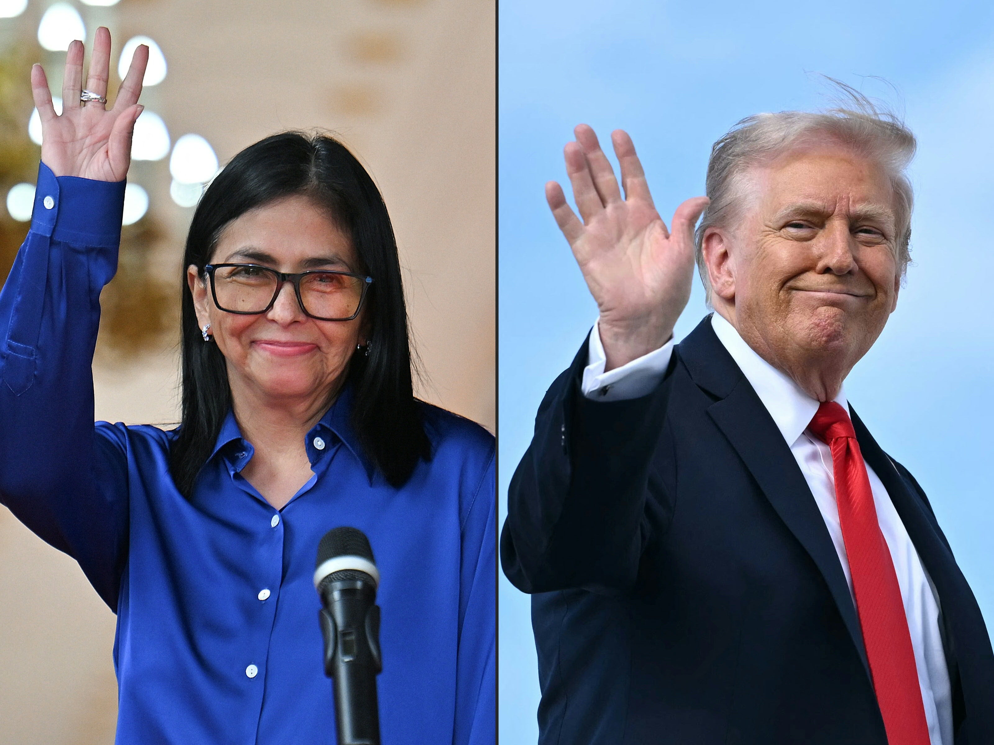 Fotomontaje que combina imágenes de la presidenta interina de Venezuela, Delcy Rodríguez, y el presidente de Estados Unidos, Donald Trump, en el contexto de las negociaciones energéticas y el repunte del precio del crudo.