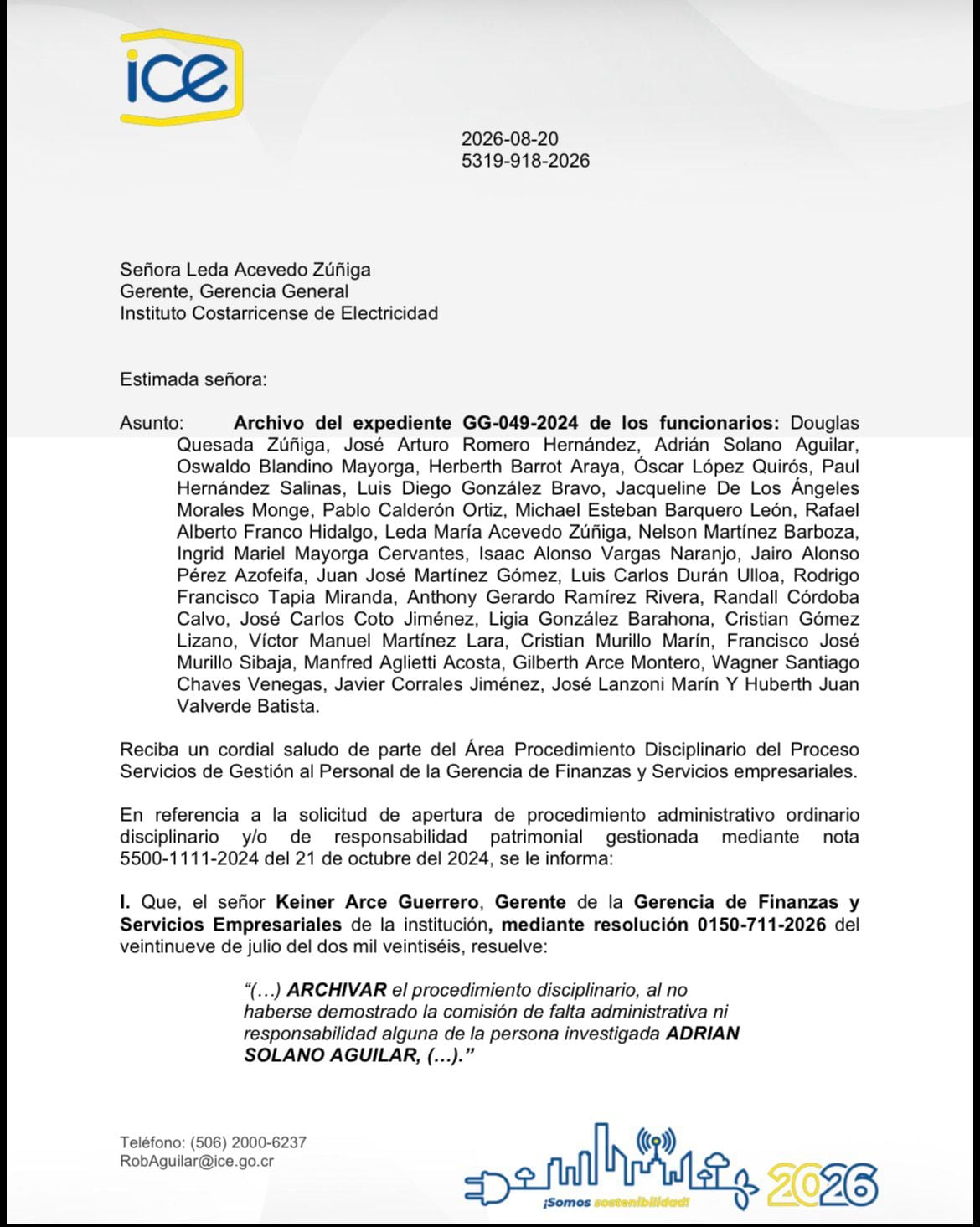 En este oficio se ordenó archivar la investigación administrativa contra 34 de los 36 funcionarios del ICE que participaron en el evento organizado por la empresa china Huawei.