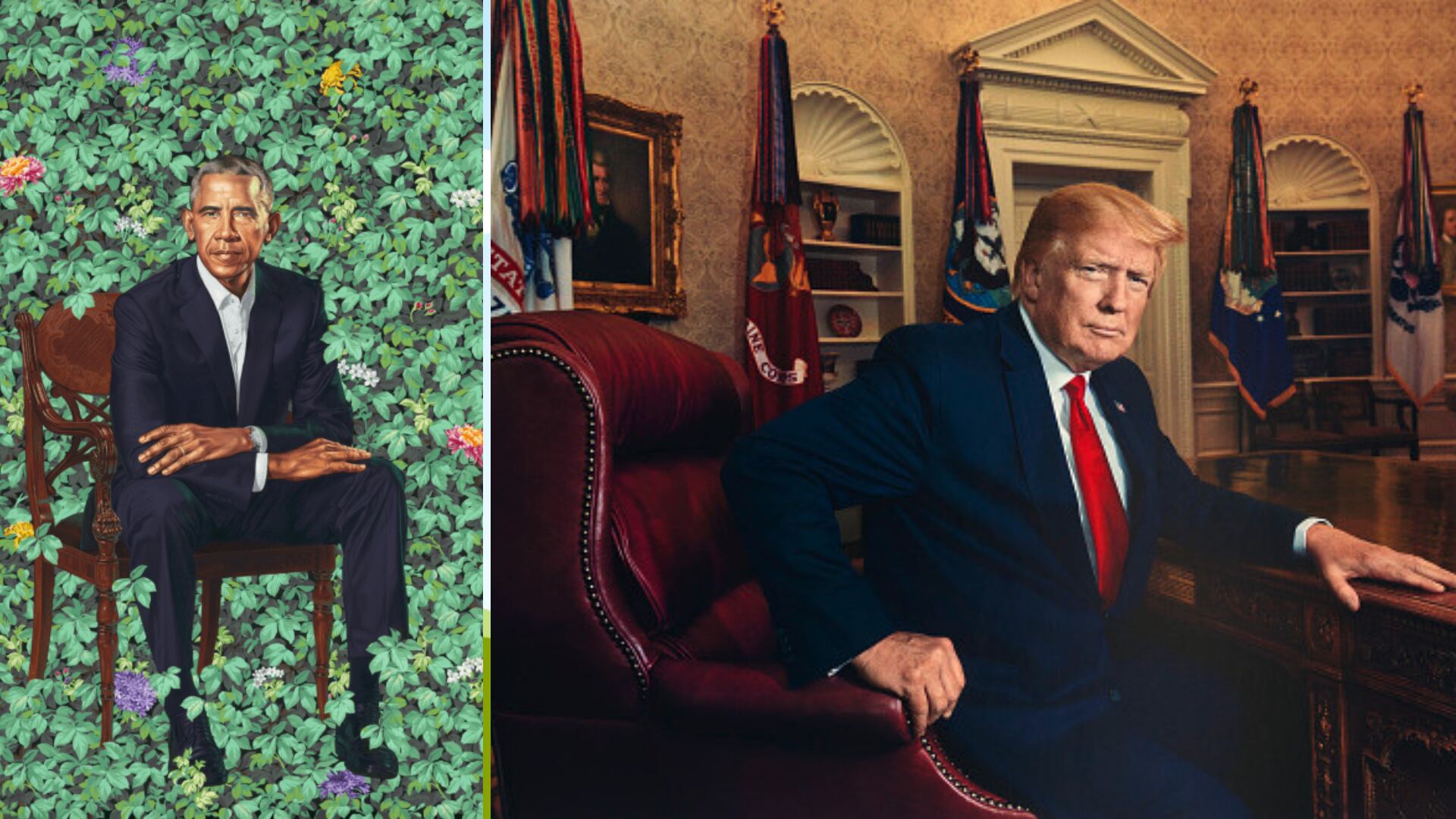 Retratos de Barack Obama (por Kehinde Wiley) y Donald Trump (por Pari Dukovic)