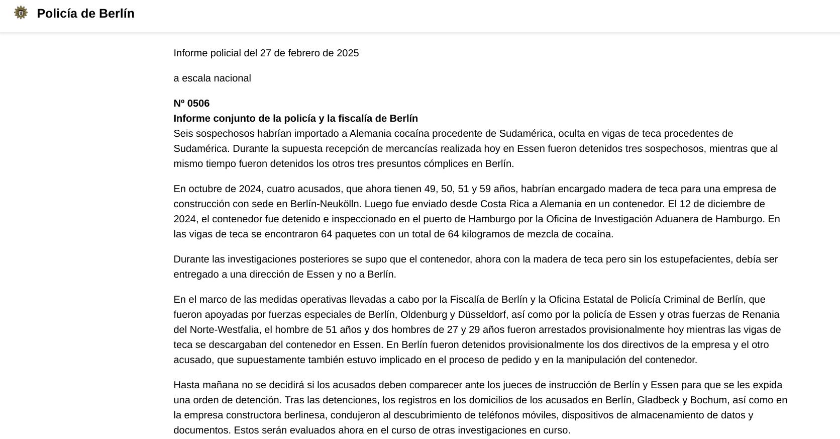 Informe de la policía de Berlín sobre el decomiso de la droga.