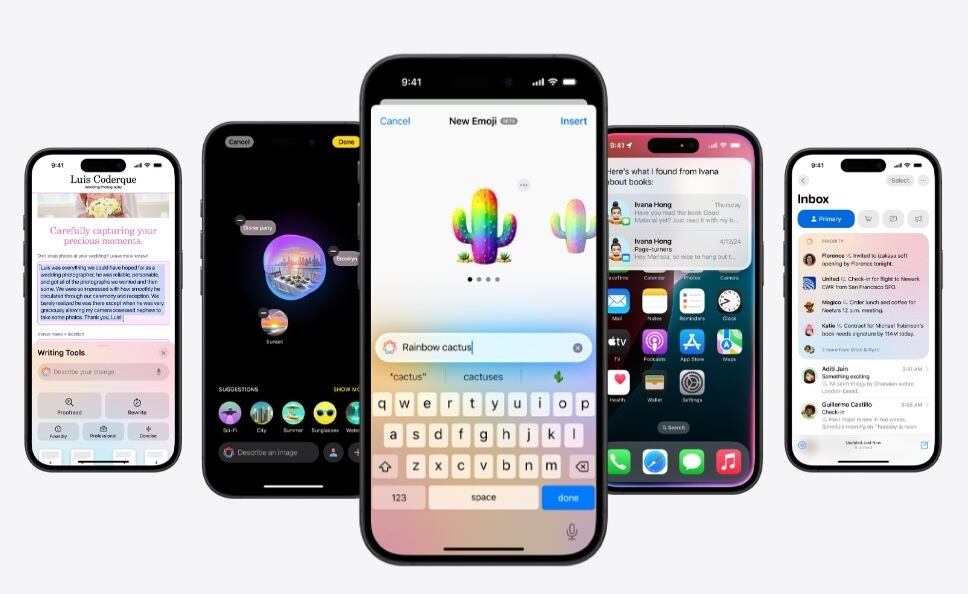Imagen de cinco dispositivos Apple con las funciones destacadas de iOS 18.2, como la creación de emojis personalizados, herramientas de generación de imágenes y mejoras en la interfaz de mensajería.