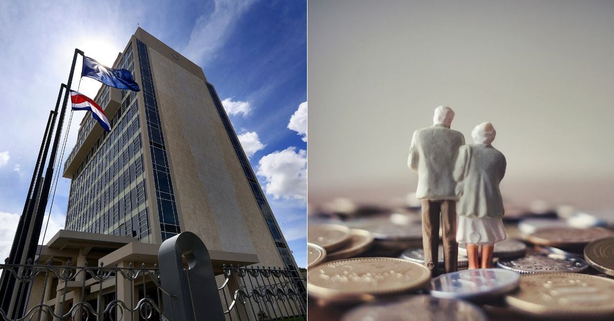 En la imagen la fachada de la CCSS y una imagen de archivo de dos figuras de adultos mayores y un tarro de monedas
