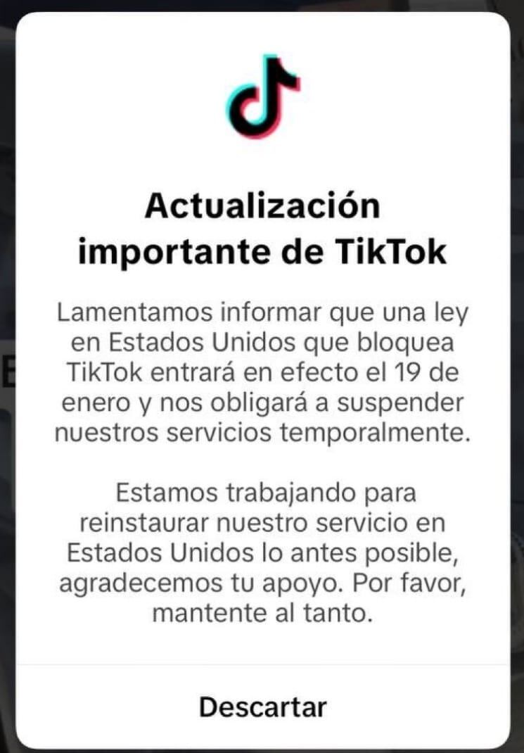 Mensaje de TikTok anunciando su indisponibilidad temporal en Estados Unidos debido a la implementación de una nueva ley que bloquea la aplicación.
