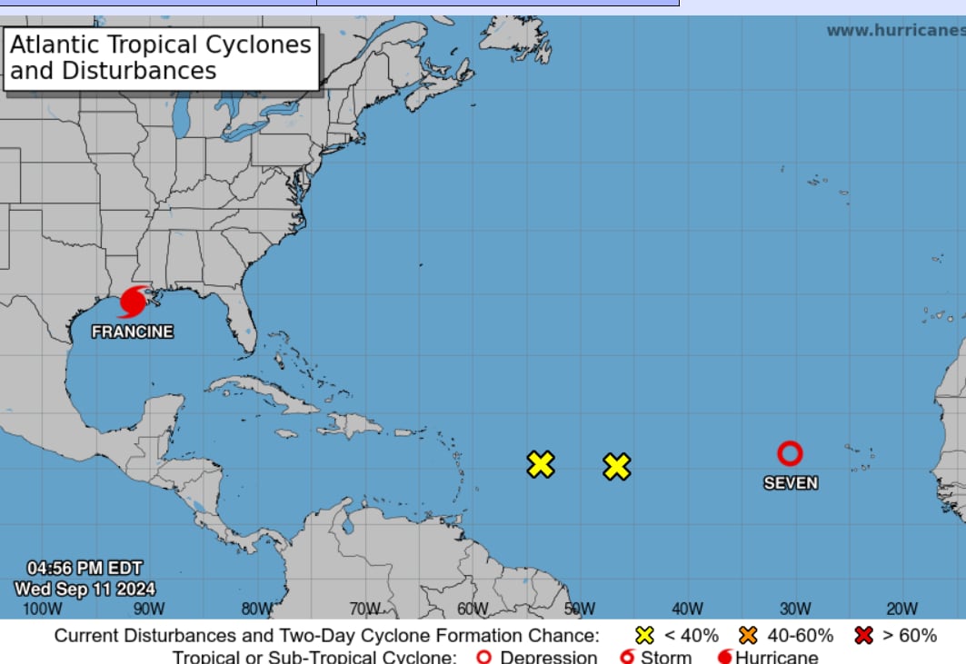 Avanzada la tarde de este 11 de setiembre se formó la sétima depresión tropical que podría pasar este jueves a llamarse tormenta tropical Gordon. Imagen: Centro Nacional de Huracanes.