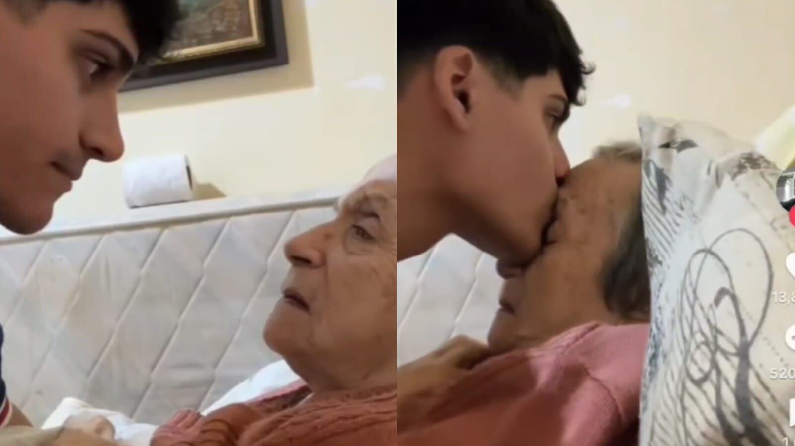 Un nieto le da un tierno beso a su abuelita.