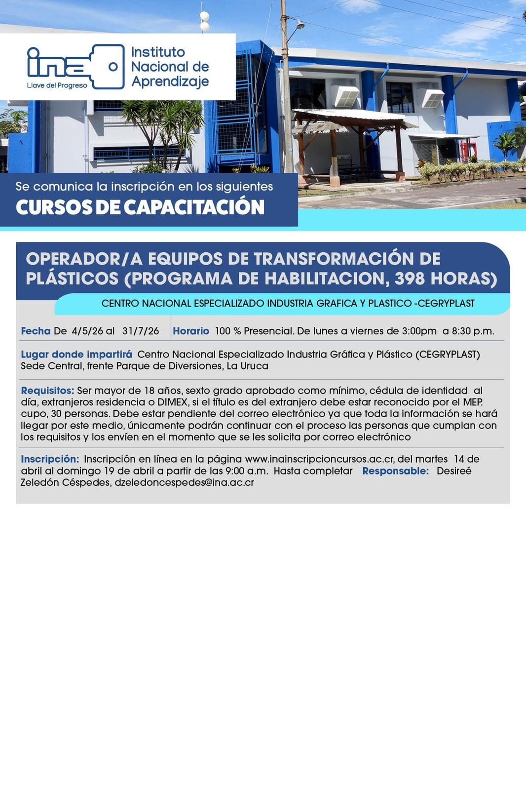 El INA habilitó nuevos cursos para este 2026.