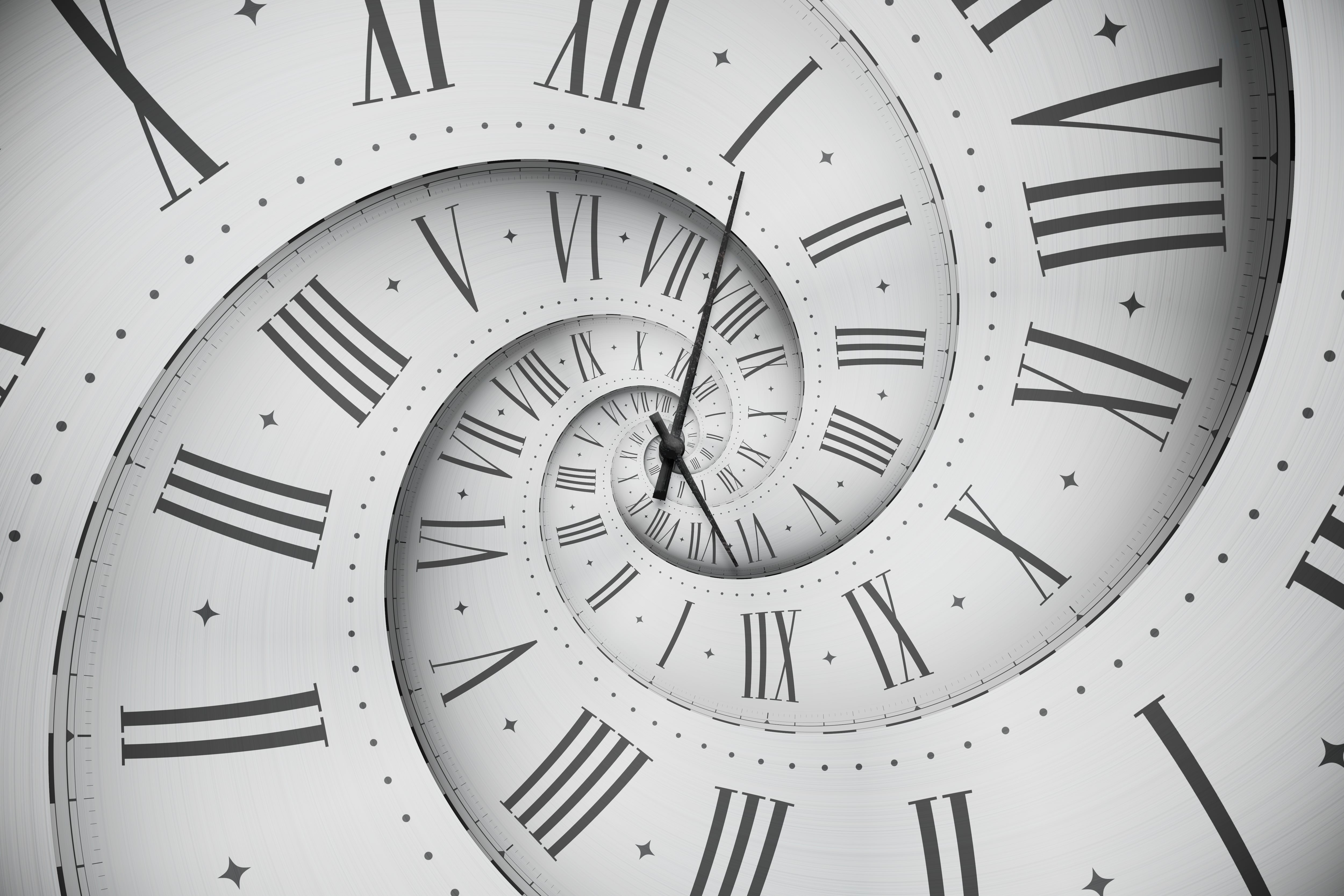 Reloj de números romanos en espiral, tiempo infinito