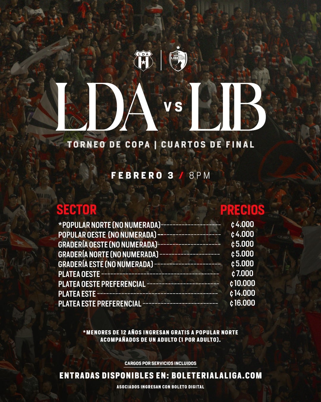 Este es el precio de las entradas para el partido de ida entre Alajuelense y Liberia en los cuartos de final del Torneo de Copa.