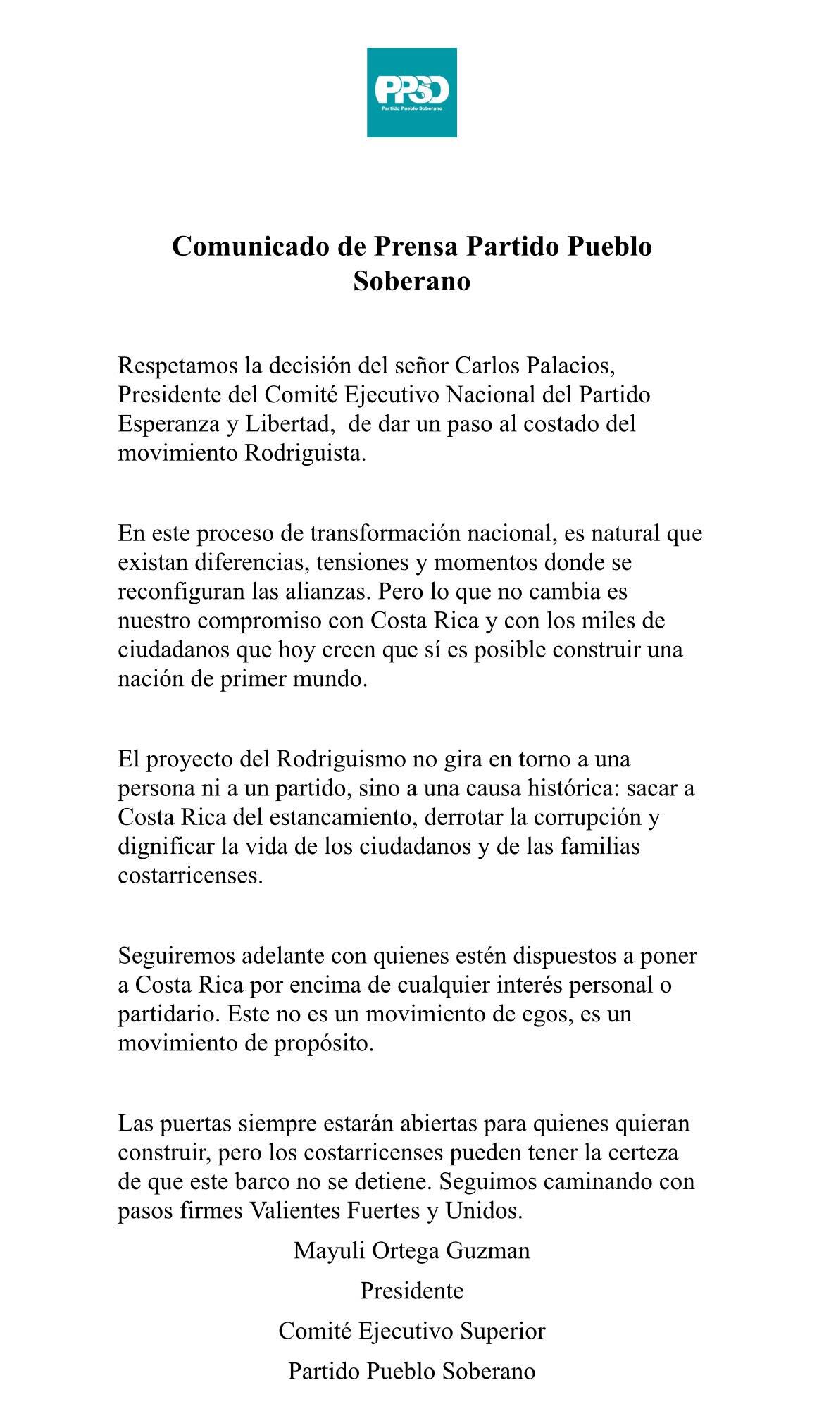 Este es el comunicado de Mayuli Ortega, presidenta del PPSO, publicado tras la renuncia del partido Esperanza y Libertad a la alianza chavista.
