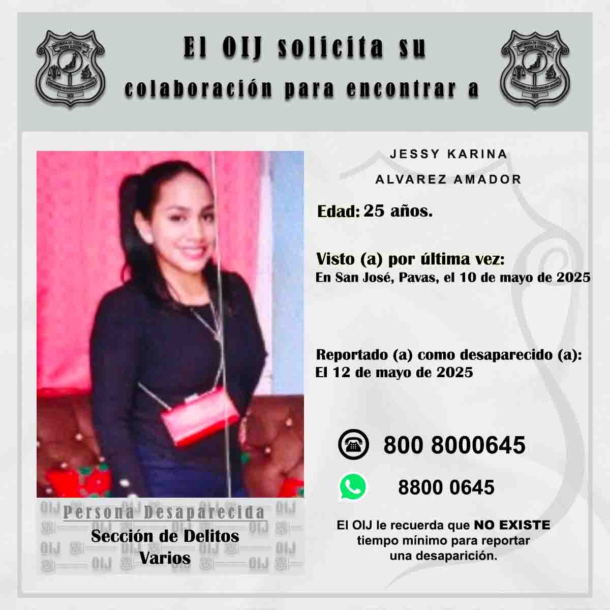 Jessie Karina Álvarez Amador, de 25 años, tiene cuatro días desaparecida. Foto: OIJ