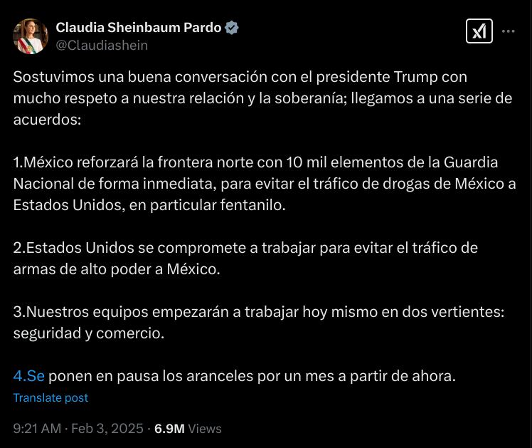 Presidenta de México confirma que aranceles aplicados por Estados Unidos se suspenderán 30 días. Foto: captura de pantalla