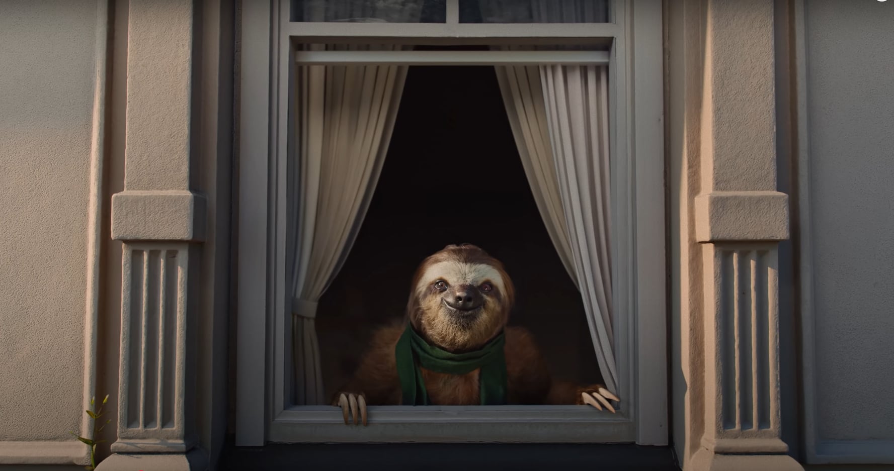 Un perezoso animado asomado por una ventana, protagonista de la campaña publicitaria "Pura Vida, Madrid" del ICT, diseñada para promover el turismo hacia Costa Rica desde España.