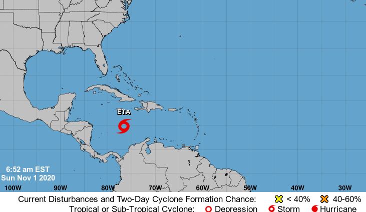 En los registros históricos del Centro Nacional de Huracanes, nunca se había denominado Eta a una tormenta tropical, lo que marca un récord en la cantidad de ciclones del Atlántico este año. Imagen: Cetrno Nacional de Huracanes.