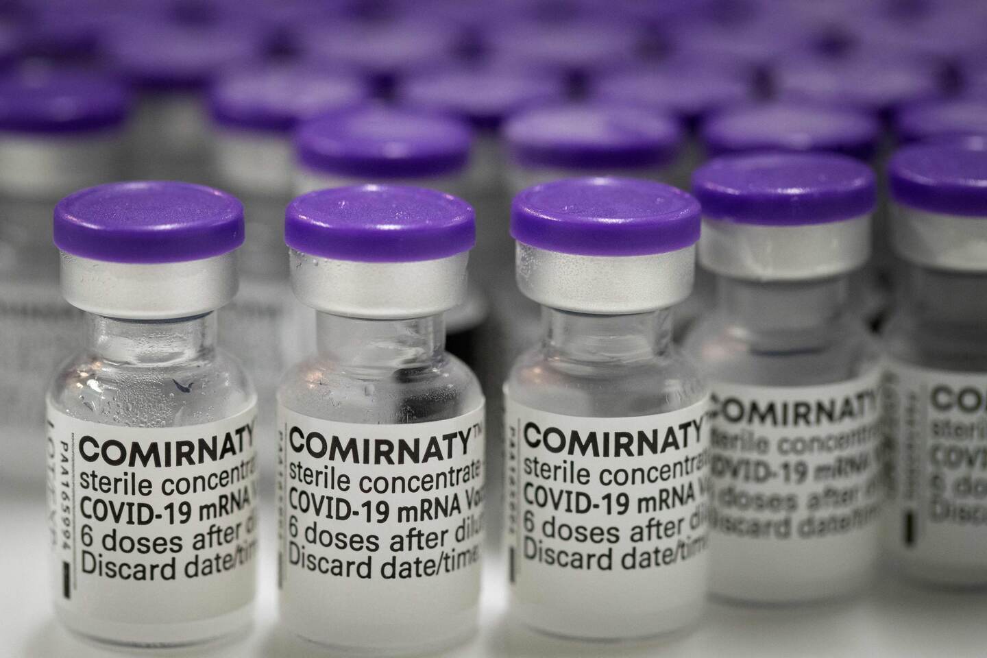 (FILES) This file photograph taken on March 30, 2021, shows vials of the Pfizer/BioNTech vaccine in a cold room before being packaged for shipping at an AGEPS (Agence Generale des Equipements et Produits de Sante - General Agency for Health Equipment and Products ) of the Paris public hospitals (AP-HP) warehouse in the Paris suburbs, amidst the coronavirus (Covid-19) pandemic. - The EU is turning more heavily to BioNTech/Pfizer to make up for suspended Johnson & Johnson vaccine doses and for longer-term needs to fight the mutating coronavirus, European Commission chief Ursula von der Leyen said April 14, 2021. (Photo by JOEL SAGET / AFP)