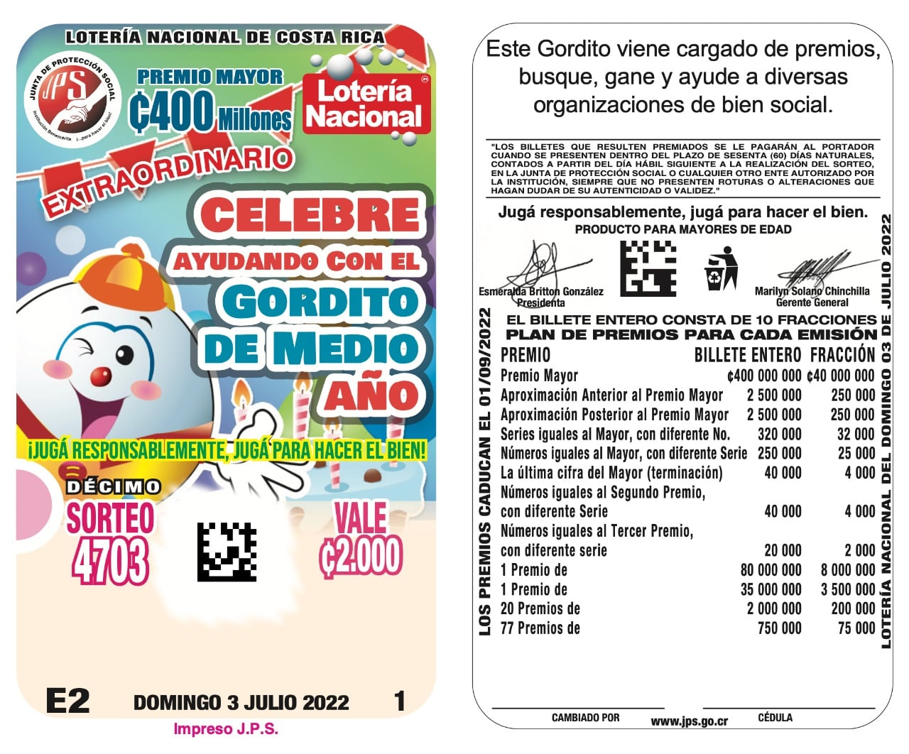 Desde el 20 de junio el 2022 está en la calle el tradicional sorteo de la Junta de Protección Social (JPS), el Gordito de Medio Año, el cual tiene un premio mayor de ₵800 millones en emisión doble