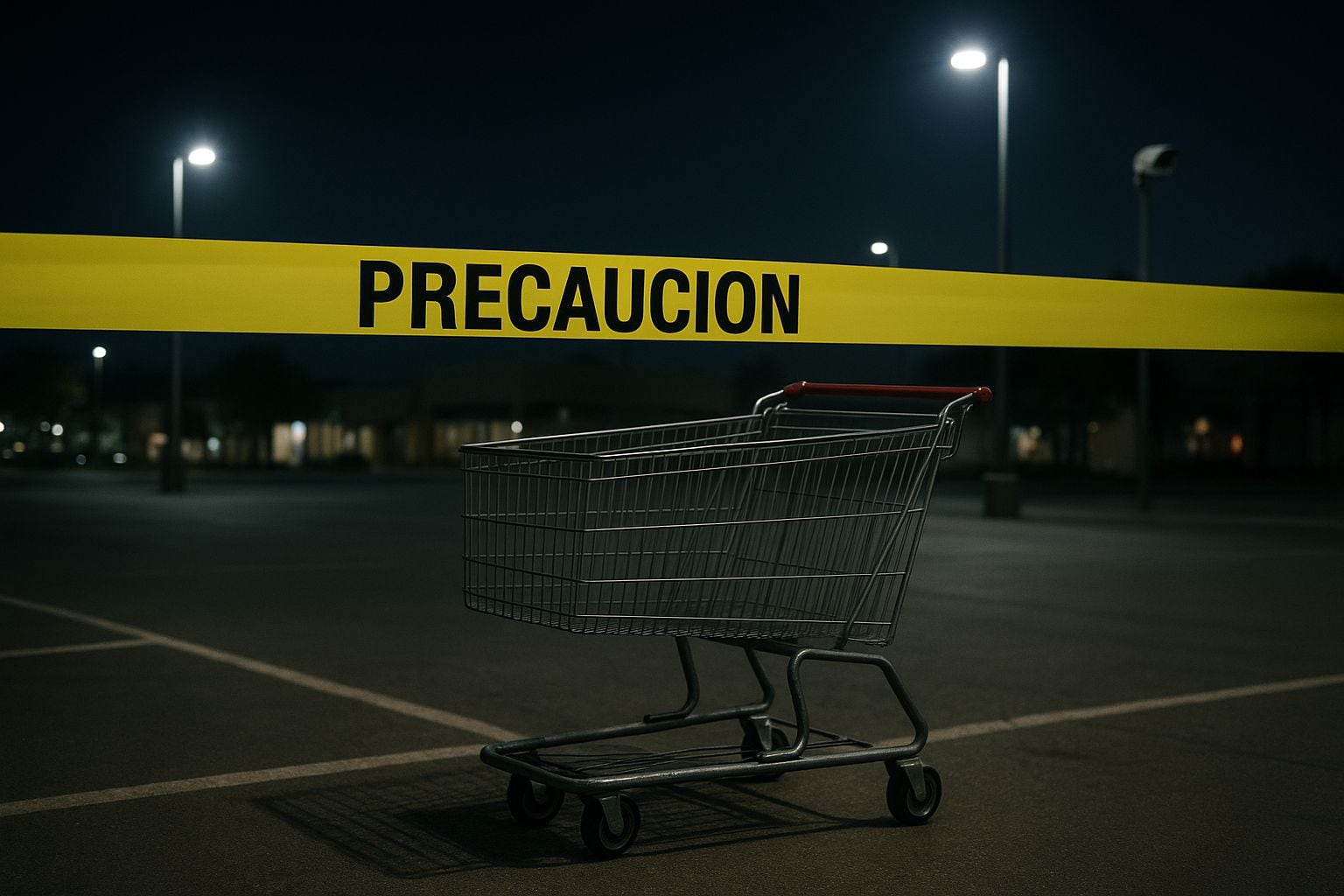 En la imagen un carrito de compras abandonado en un parqueo vacío de un supermercado, con una cinta amarilla de policía diciendo "precaución". Generada con inteligencia artificial